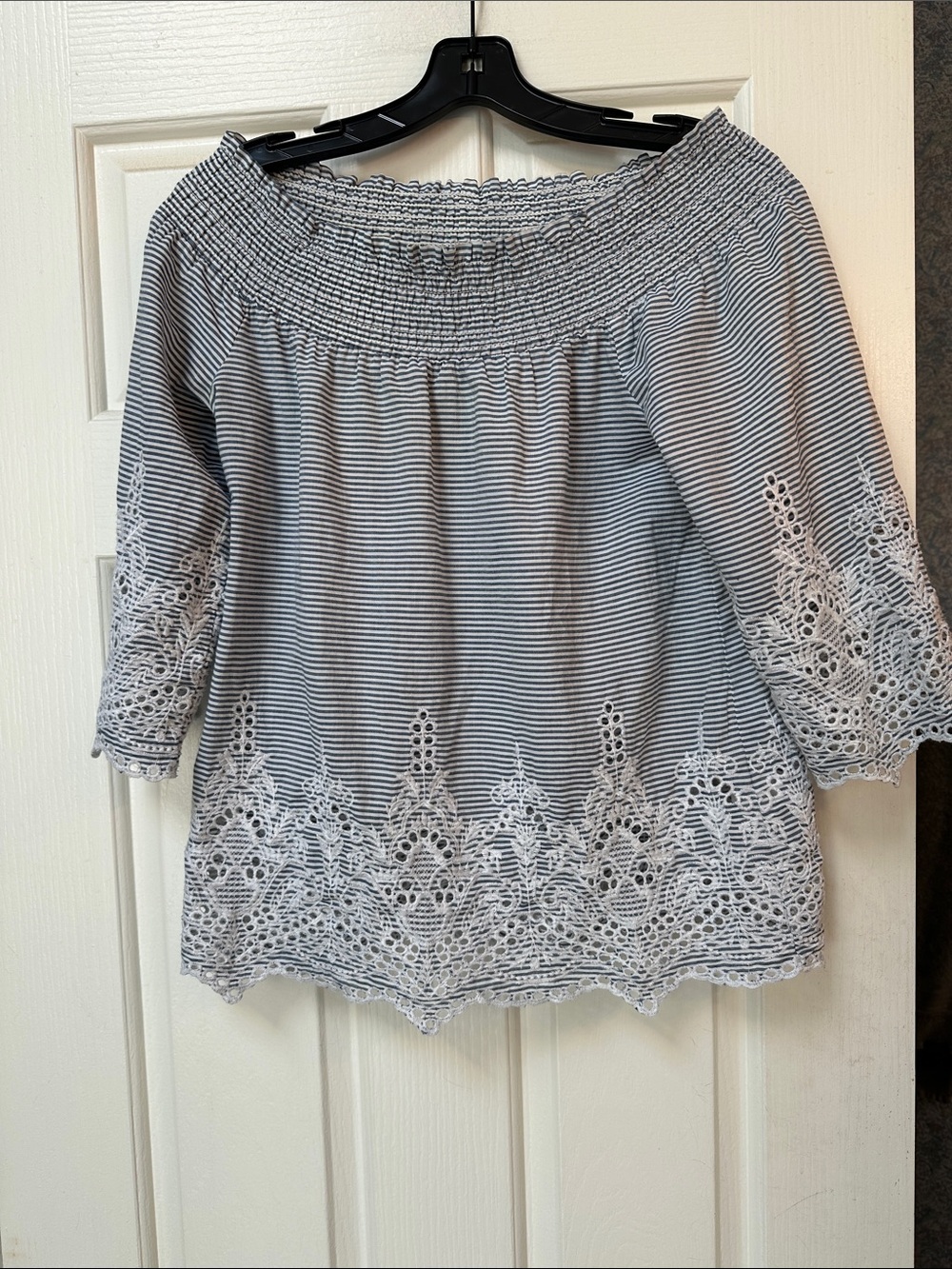 Smocked Off-Shoulder Striped Tunic with Lace Hem - White and Black